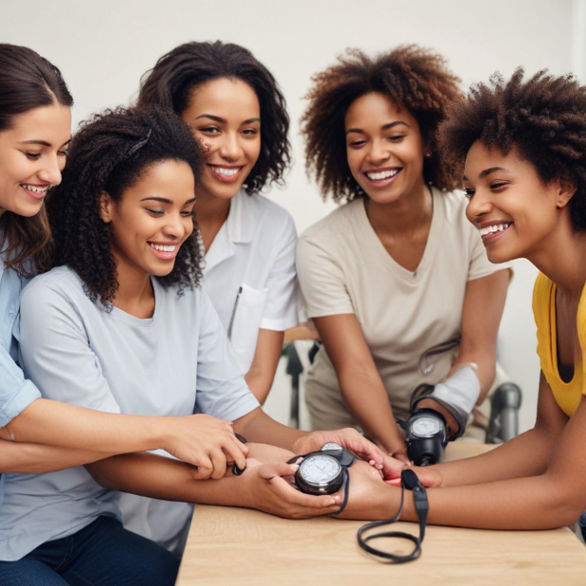 A diverse group of people smiling while checking their blood pressure, symbolizing health awareness and empowerment.
