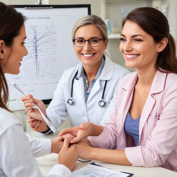 A smiling vein doctor consulting a patient, showing a healthy vein diagram while discussing lifestyle tips.