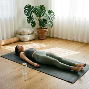 A peaceful recovery scene with a person resting on a yoga mat