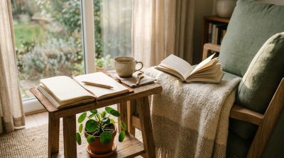 A peaceful self-care setting with a journal, cup of herbal tea, soft blanket, book, houseplant, and gentle morning sunlight